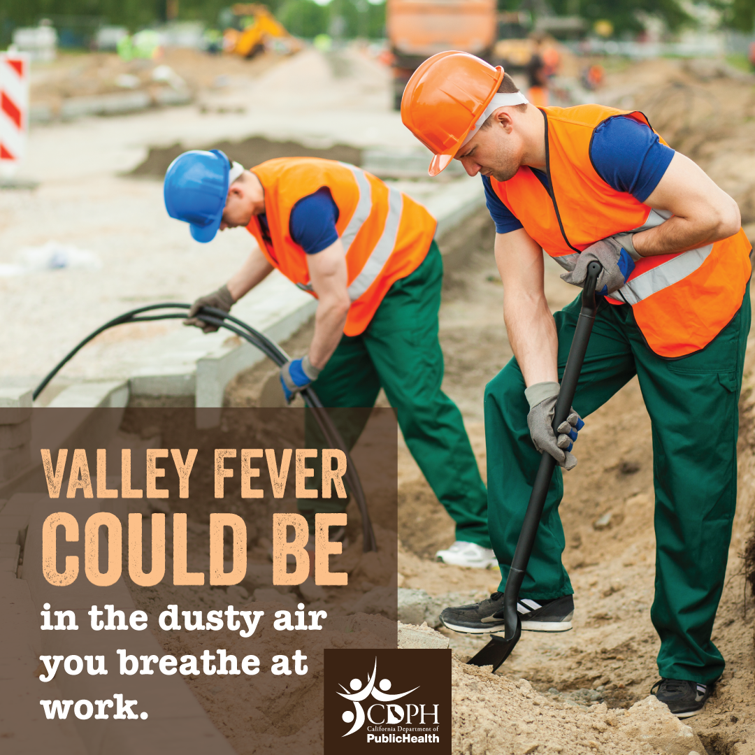 Valley fever could be in the dusty air your breathe at work. Two people digging on construction site.