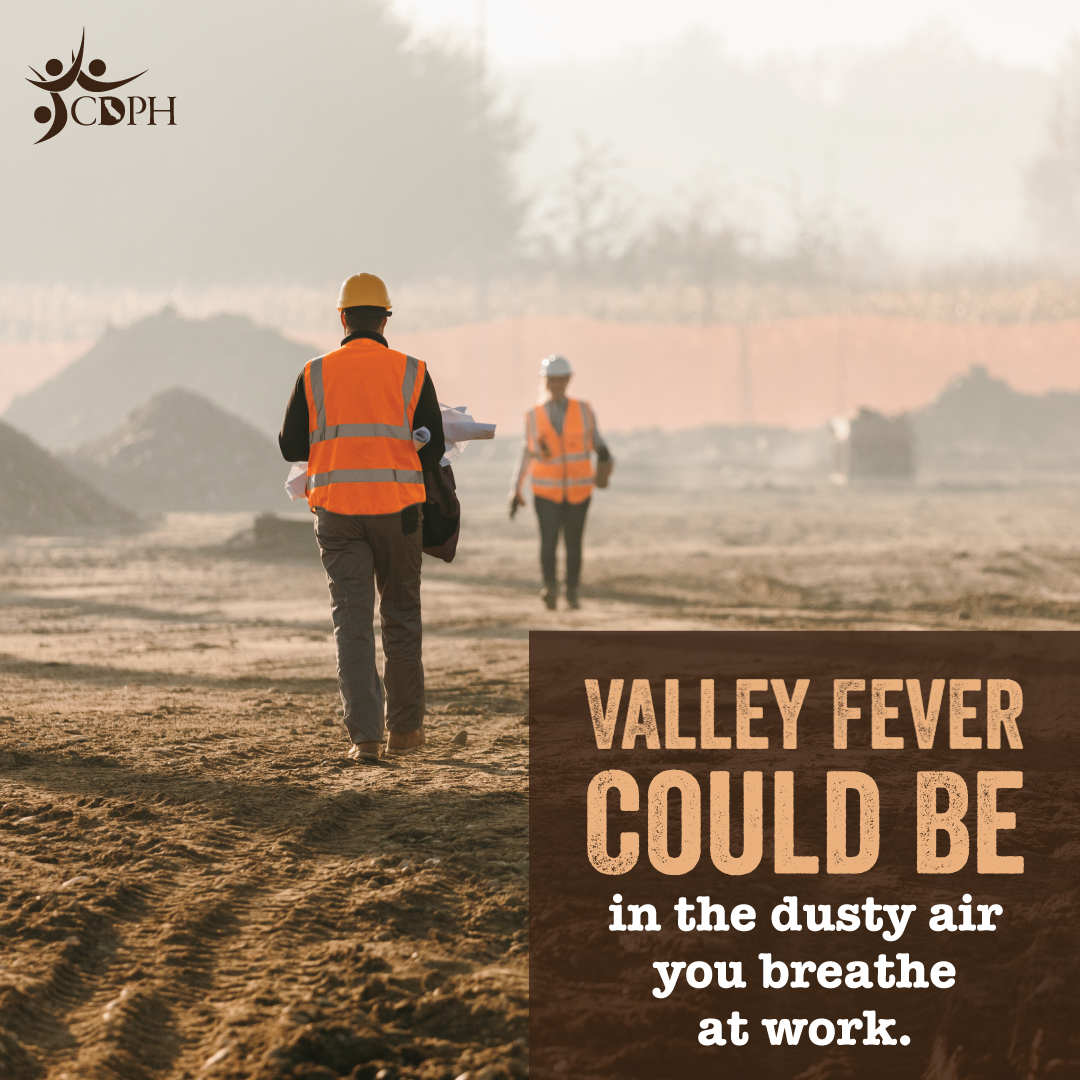 Valley fever could be in the dusty air you breathe at work. Two people walking in a construction site.