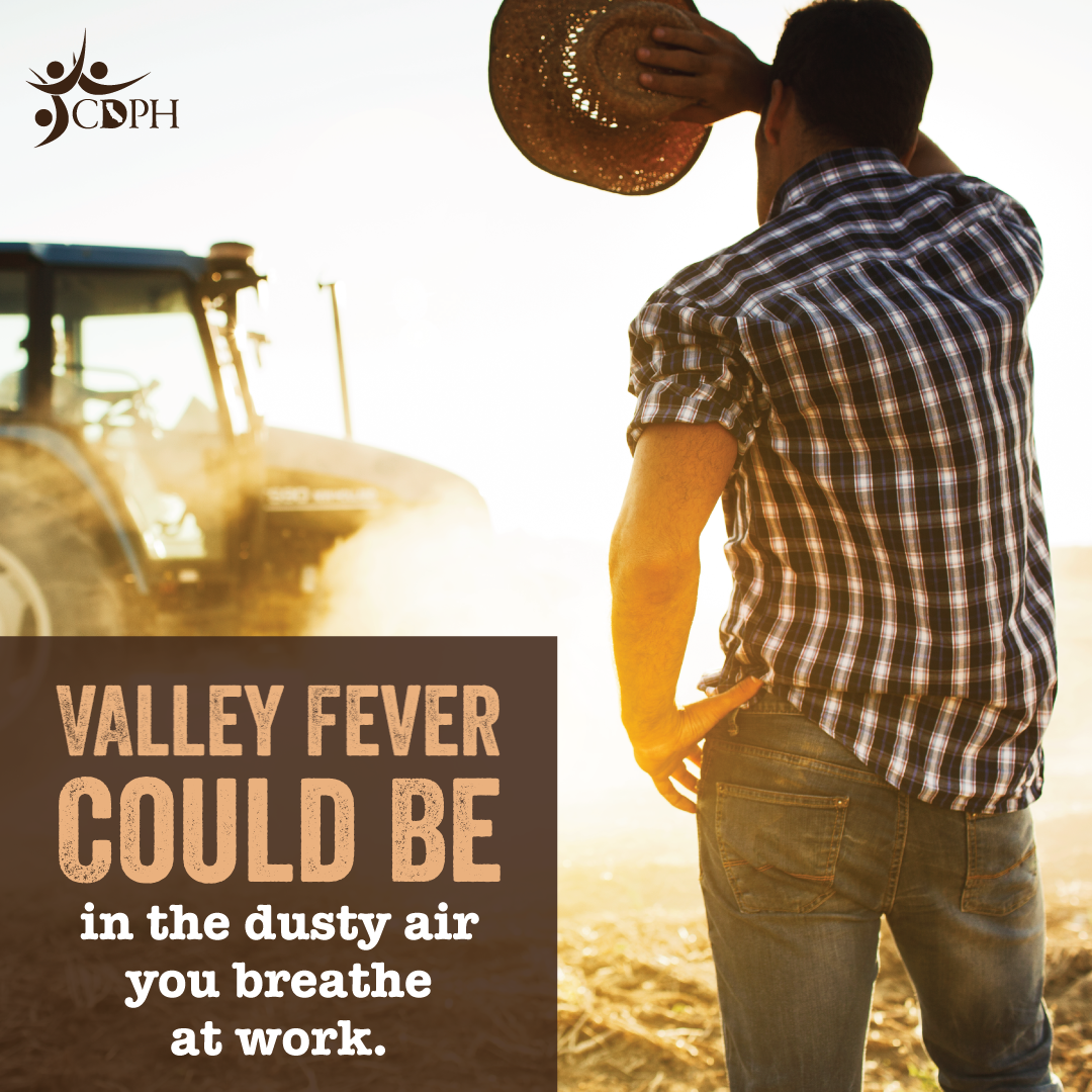 Valley fever could be in the dusty air you breathe at work. Man working in dusty field.