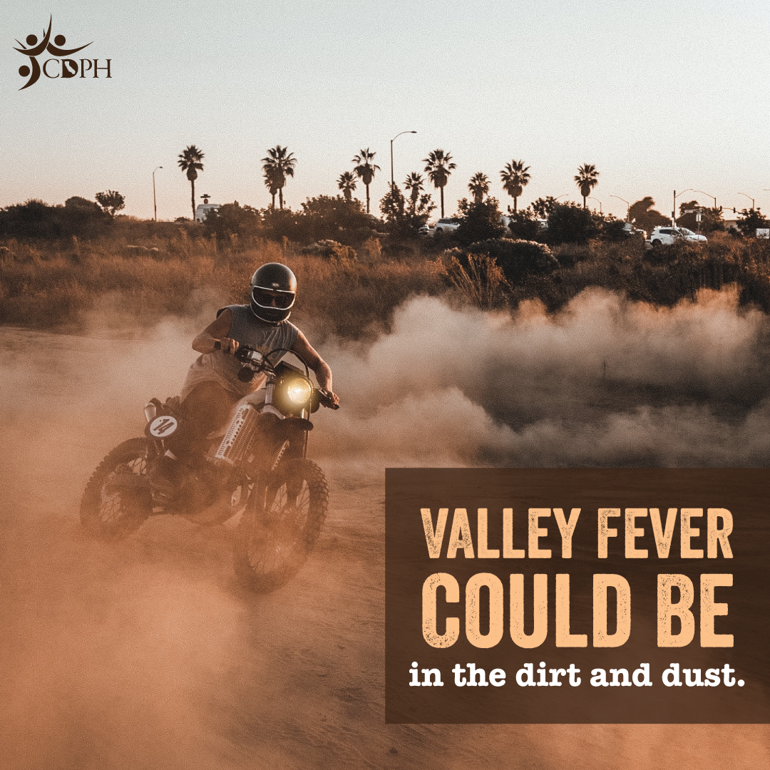Valley fever could be in the dirt and dust. Person riding motorcycle in dusty area.