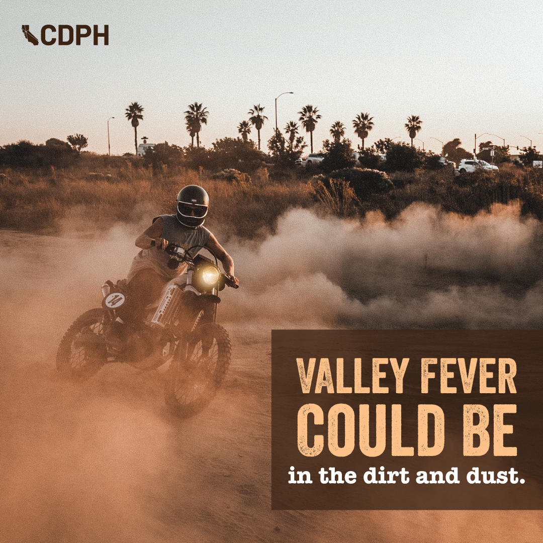 Valley fever could be in the dirt and dust. Person riding motorcycle in dusty area. Valley fever could be in the dirt and dust. Person riding motorcycle in dusty area.