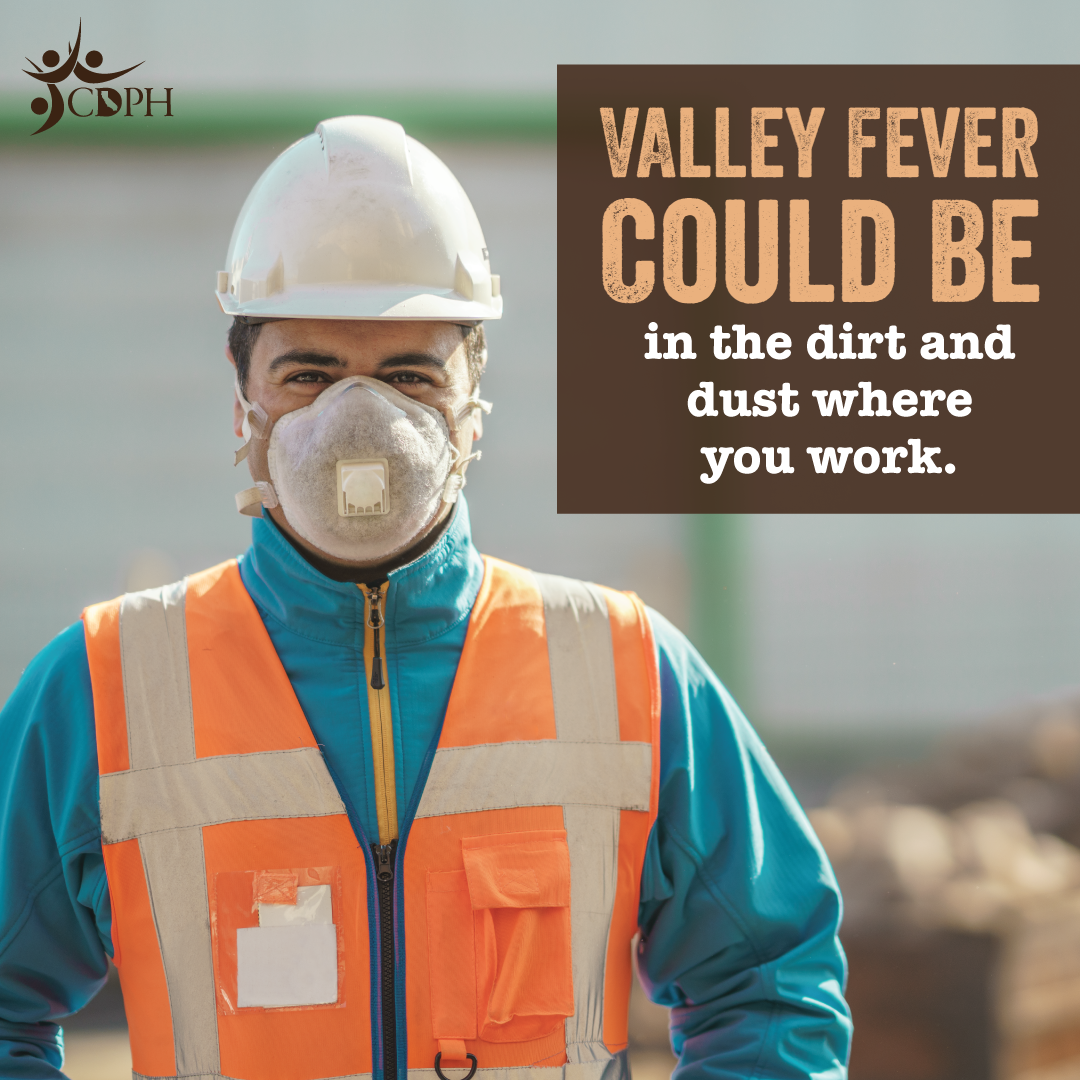 Valley fever could be in the dirt and dust where you work. Construction worker wearing respirator.