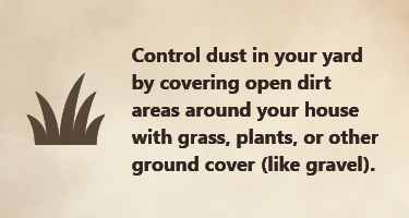 Control dust in your yard by covering open dirt areas with plants and ground cover (like gravel) Control dust in your yard by covering open dirt areas with plants and ground cover (like gravel)