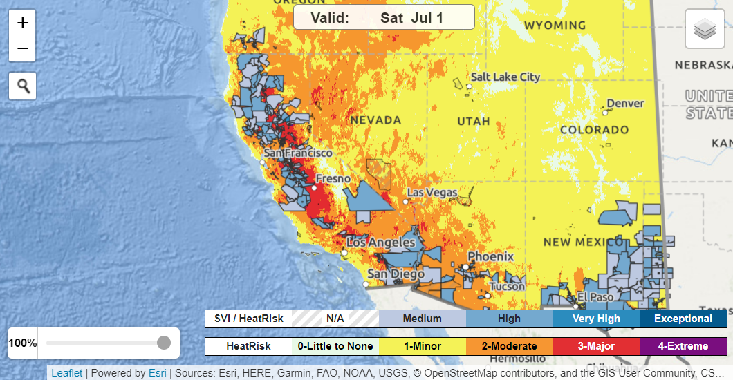HeatRisk map showing US County boundaries and Social Vulnerability Index overlay. Accessed June 26, 2023.