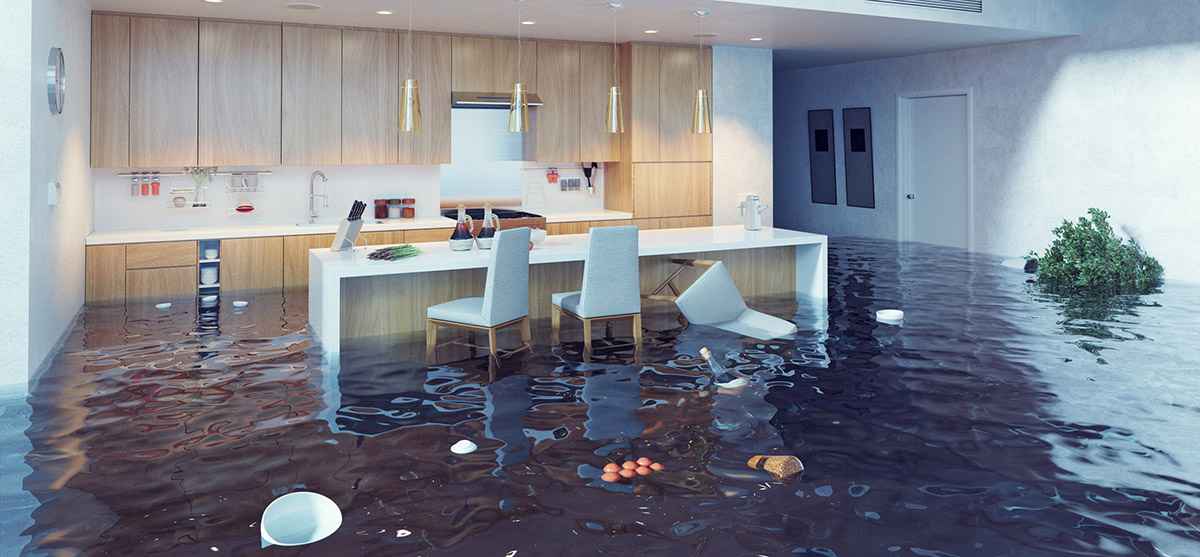 Flooded kitchen in a house