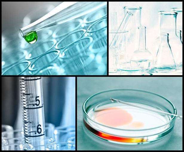 Four images of laboratory tubes and  a petri dish