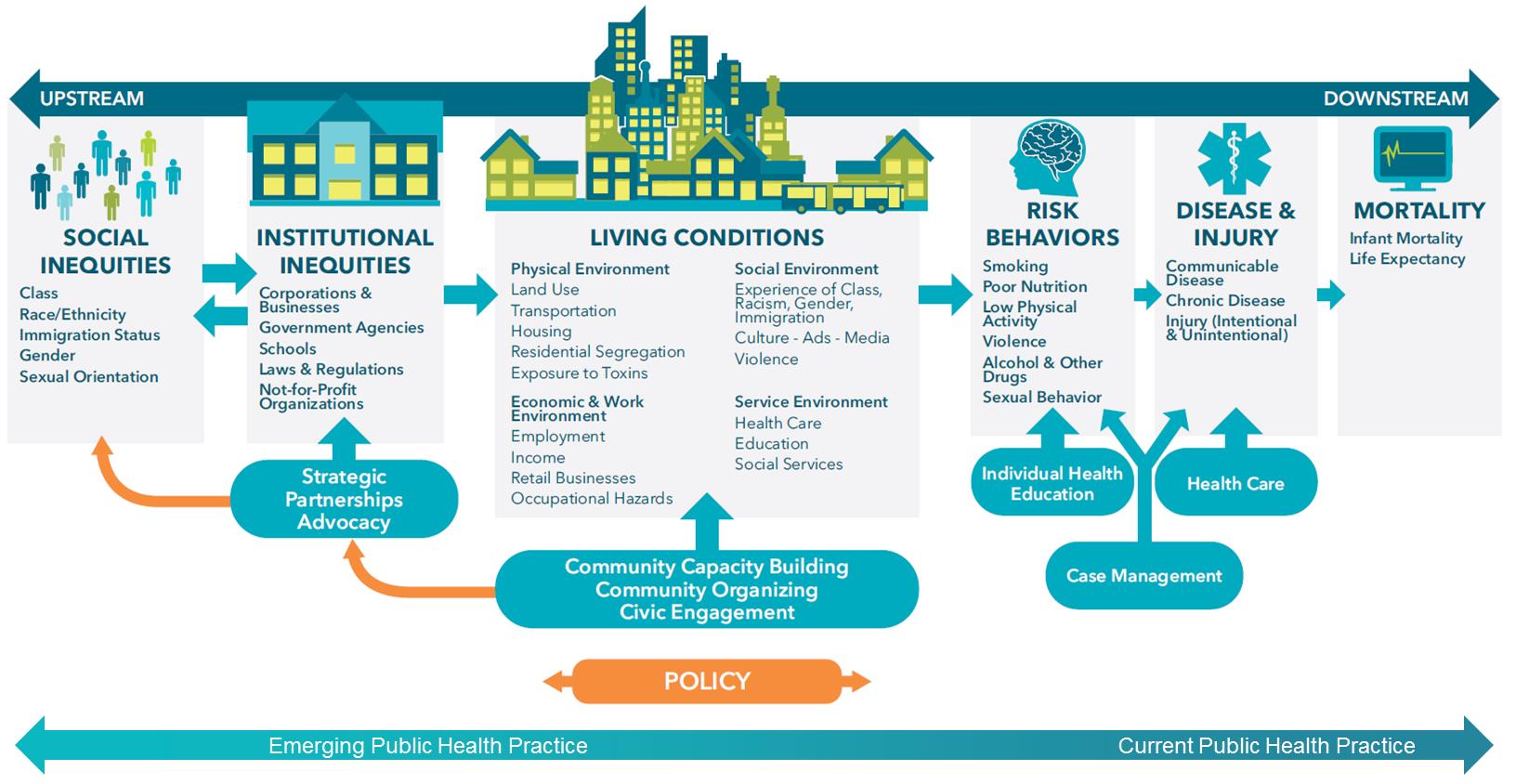 Diagram of the Bay Area Regional Health Inequities Initiative's Conceptual Framework on the social determinants of health