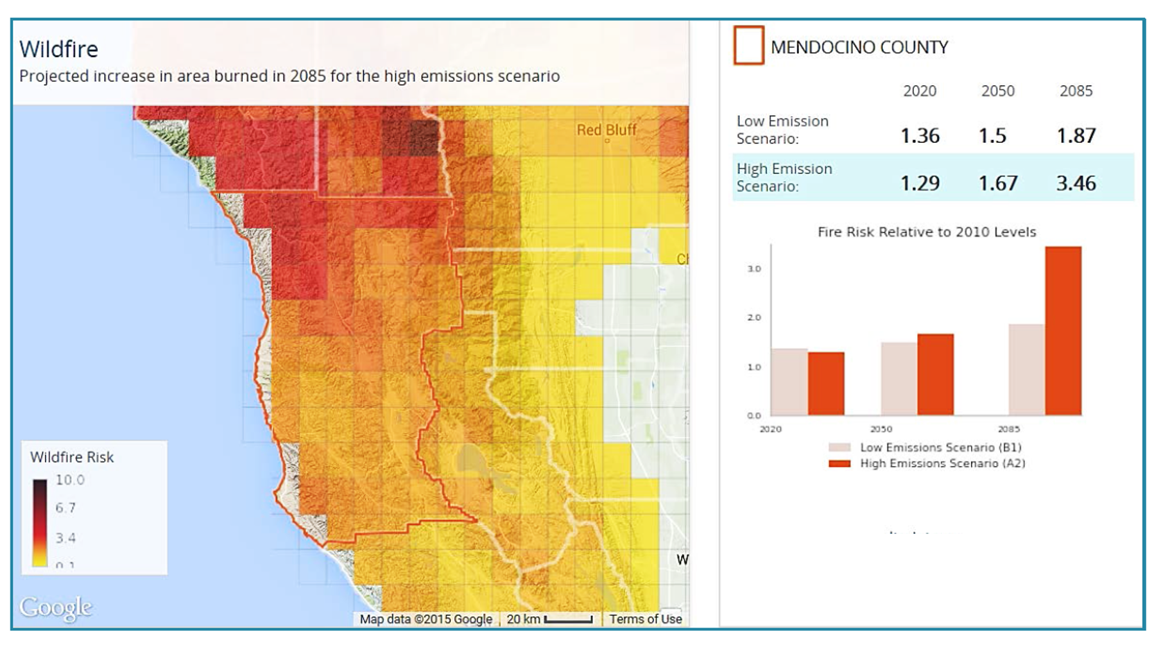 Cal-Adapt Wildfire Projections Map for Mendocino County