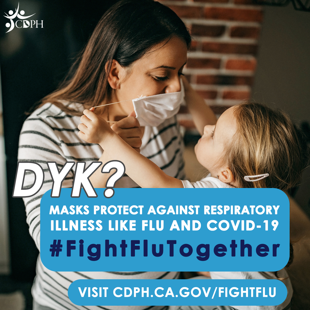 Woman smiling as little girl puts mask on her face with text overlay, "DYK? Masks protect against respiratory illness like flu..