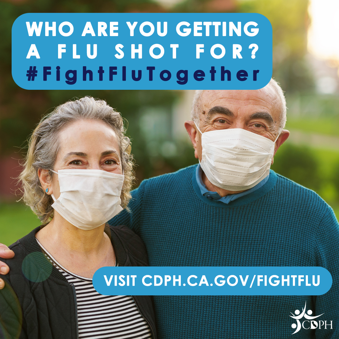 Older woman and man standing together with masks on smiling, with text overlay, "Who are you getting a flu shot for?...