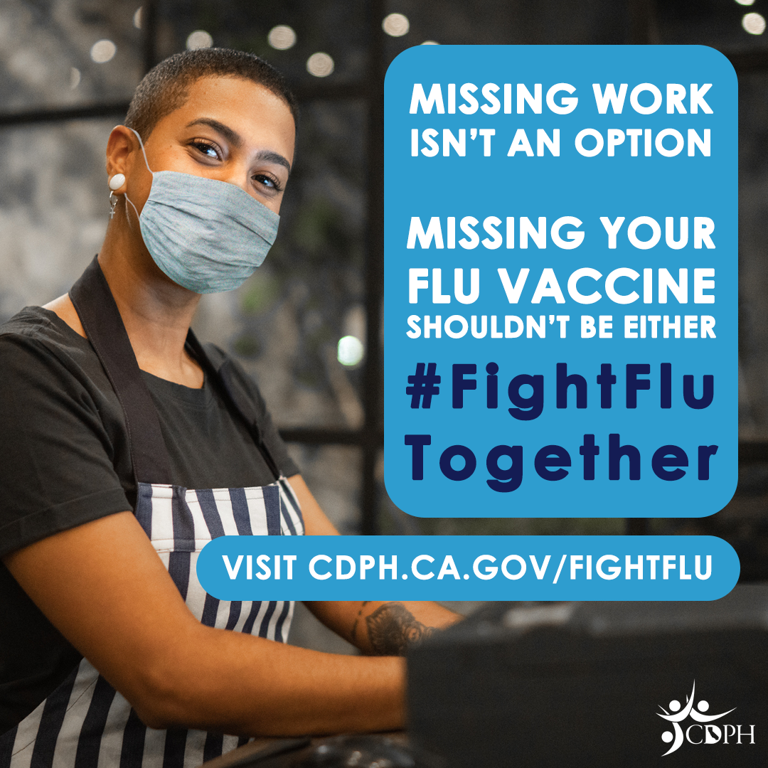 Young woman smiling with mask on with text overlay, "Missing work isn't an option. Missing your flu vaccine shouldn't be either.