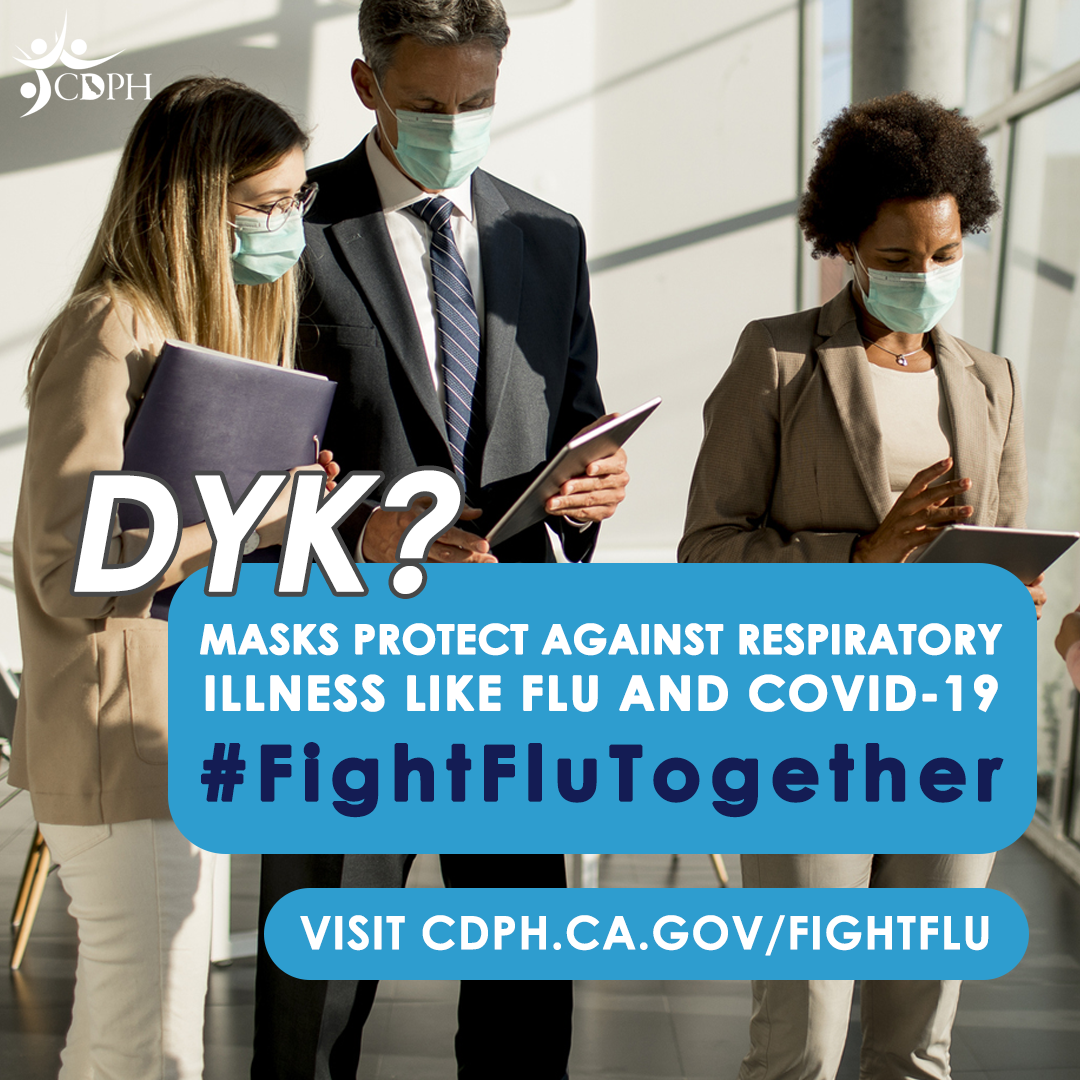 A group of business people working while wearing masks, with text overlay, "DYK? Masks protect against respiratory illness...
