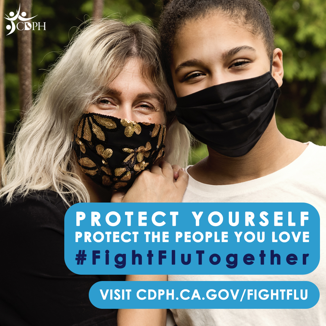 Two young women smiling and wearing masks with text overlay, "Protect yourself. Protect the people you love...