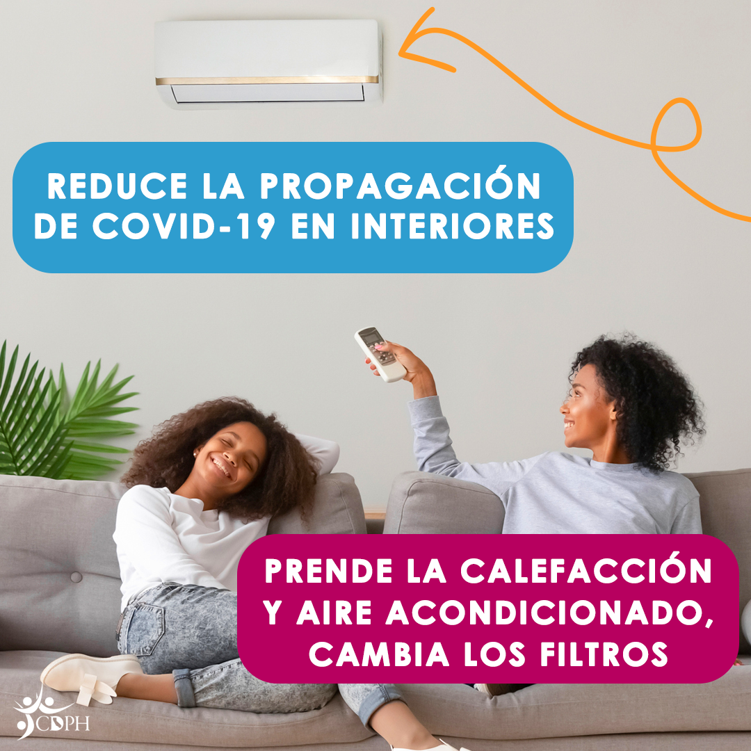 Two girls sitting on the couch and relaxing under the air conditioner with text overlay, "Reduce the spread of COVID-19 indoors.