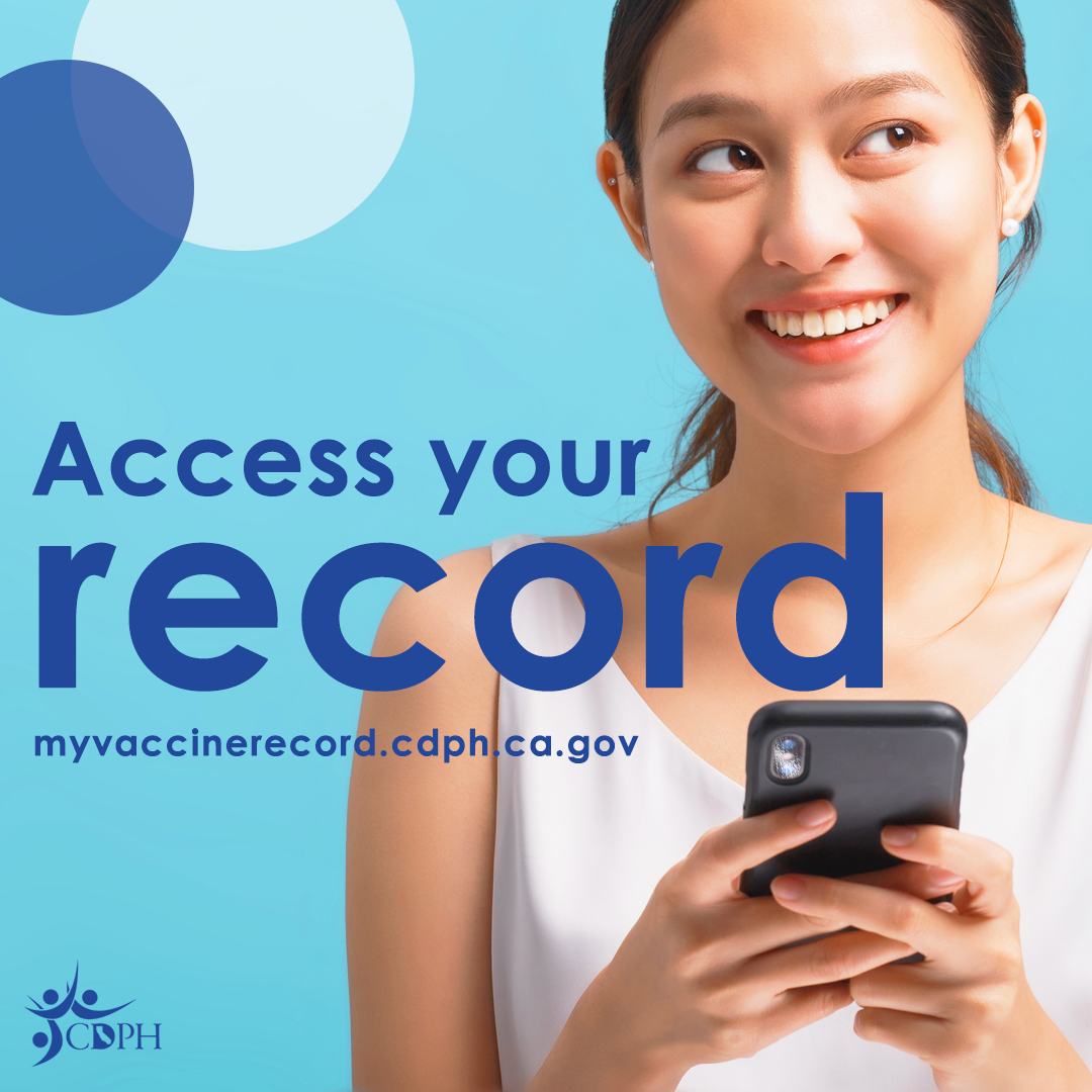 Man smiling while holding phone with text overlay, Safe. Convenient. Free. myvaccinerecord.cdph.ca.gov.
