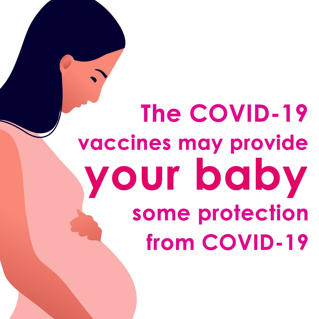 Pregnant woman touching her belly while looking down with text overlay, 'The COVID-19 vaccines may provide your baby some....'