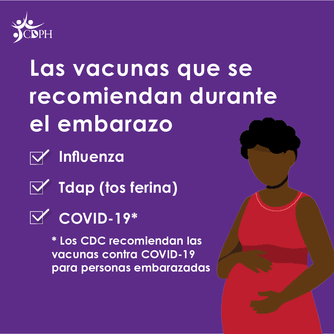 Los CDC recomiendan las vacunas contra COVID-19 para personas embarazadas.