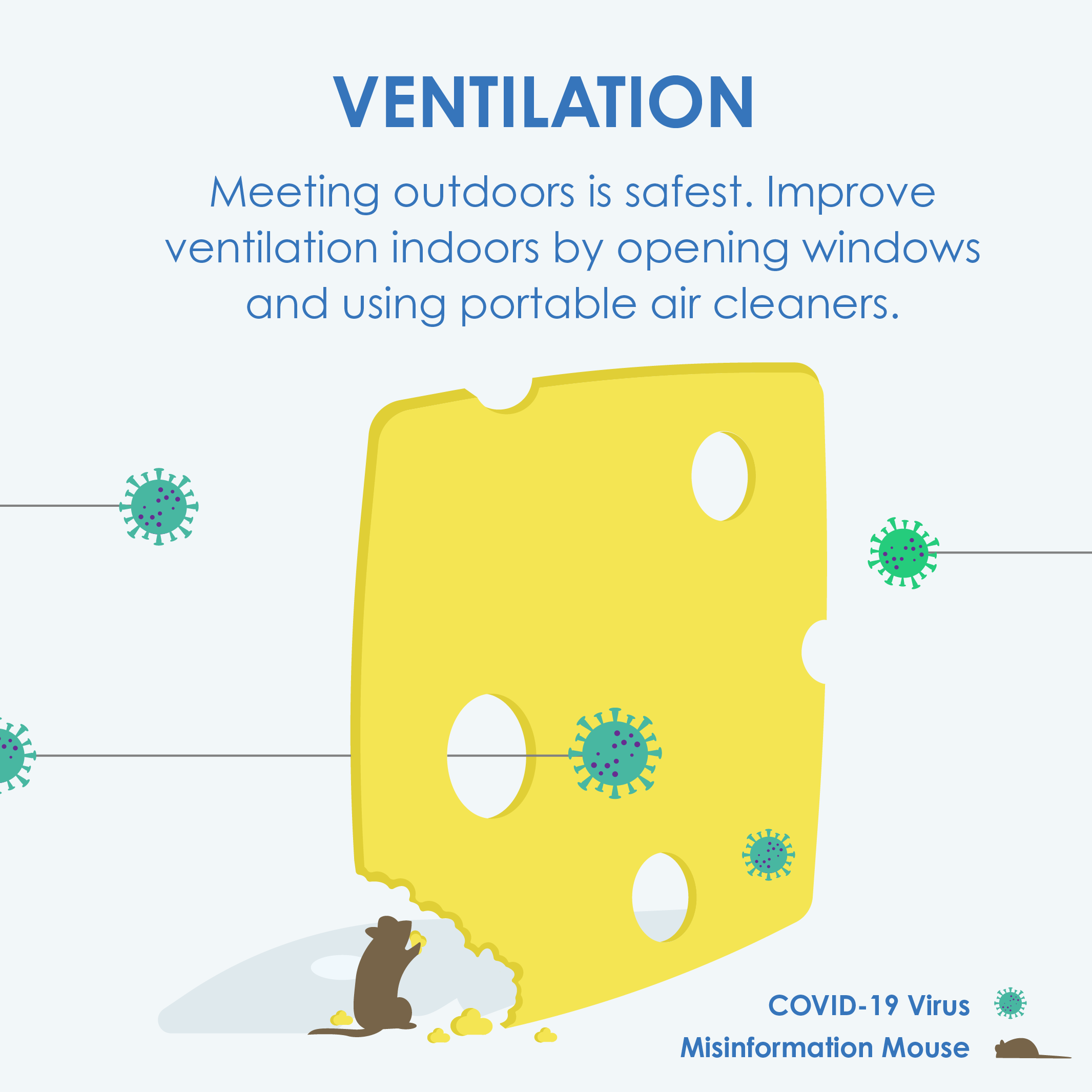 Ventilation. Meeting outdoors is safest. Improve ventilation indoors by opening windows and using portable aire cleaners.