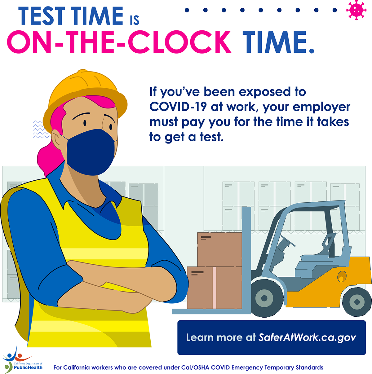 Test time is on-the-clock time. If you've been exposed to COVID-19 at work, your employer must pay you for the time it takes to get a test.