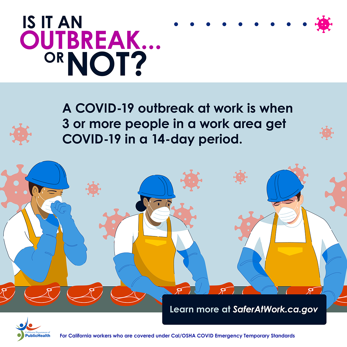 Is it an outbreak or not? A COVID-19 outbreak at work is when 3 or more people in a work area get COVID-19 in a 14-day period.