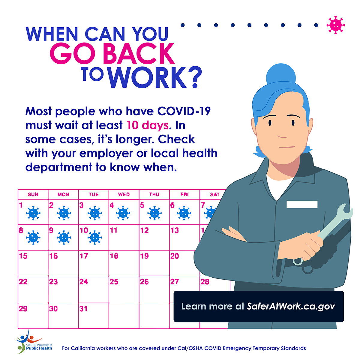 When can you go back to work? Most people who have COVID-19 must wait at least 10 days. In some cases, it's longer. check with your employer or local health department to know when.