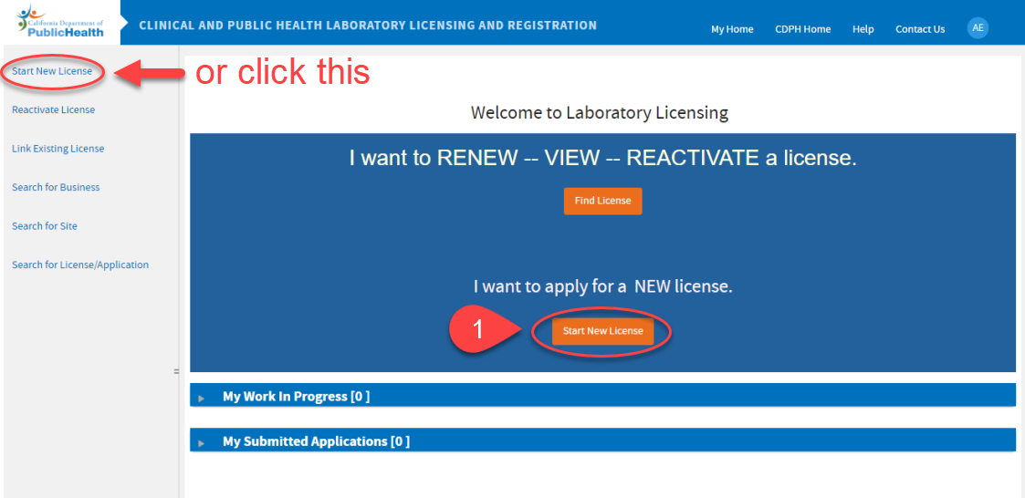 Welcome screen showing Start New License link or button