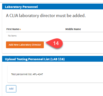 Laboratory Personnel page showing Add new Laboratory Director button.