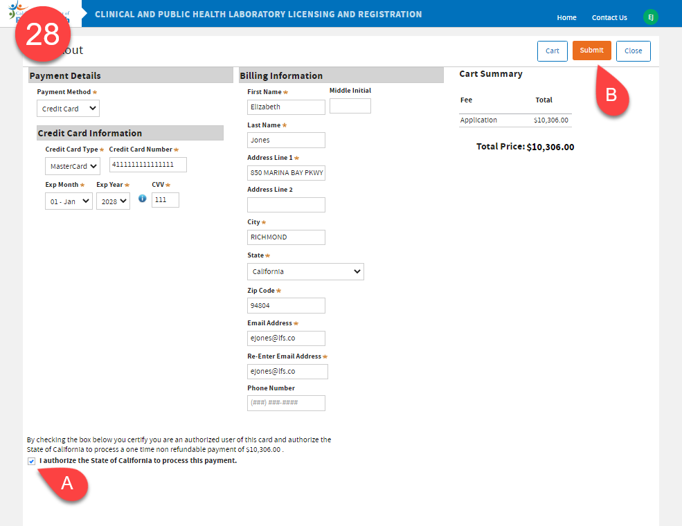 Checkout page showing Credit Card information, address, and payment authorization checkbox.