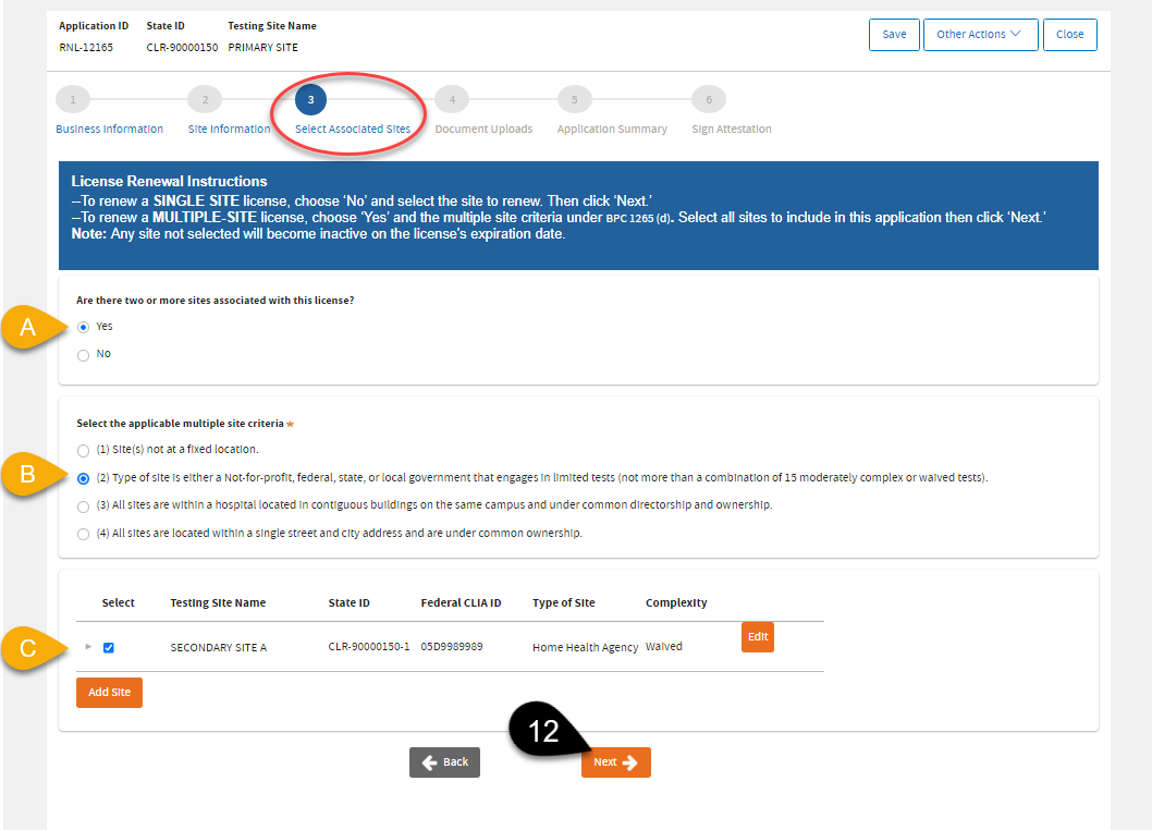 12 Associate Site screen