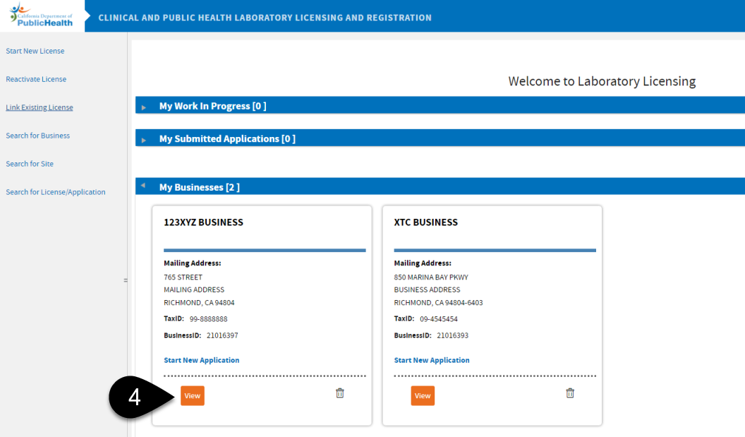 Welcome screen showing linked businesses