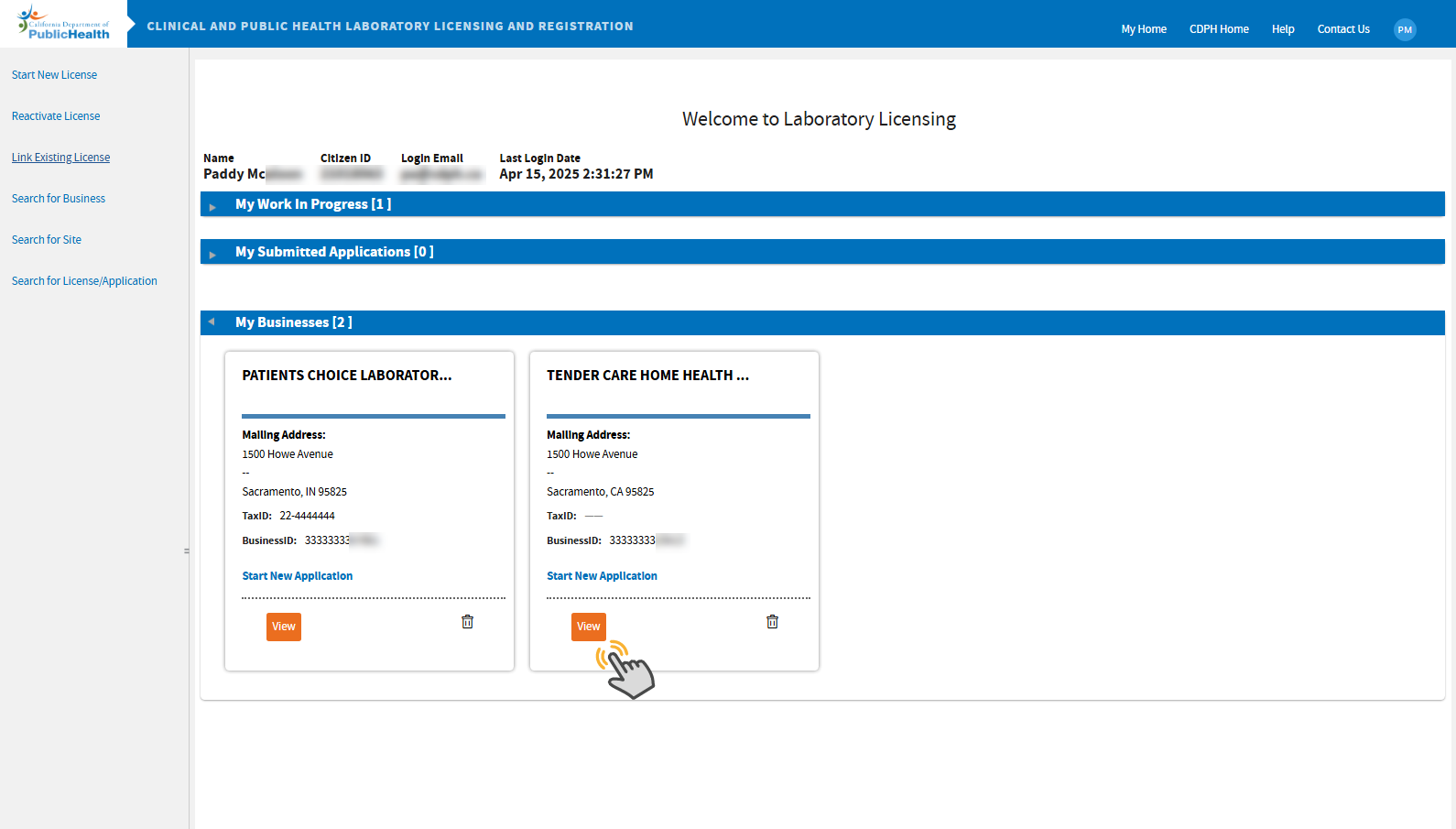 Welcome screen showing business tiles and a hand clicking the VIew button Welcome screen showing business tiles and a hand clicking the VIew button