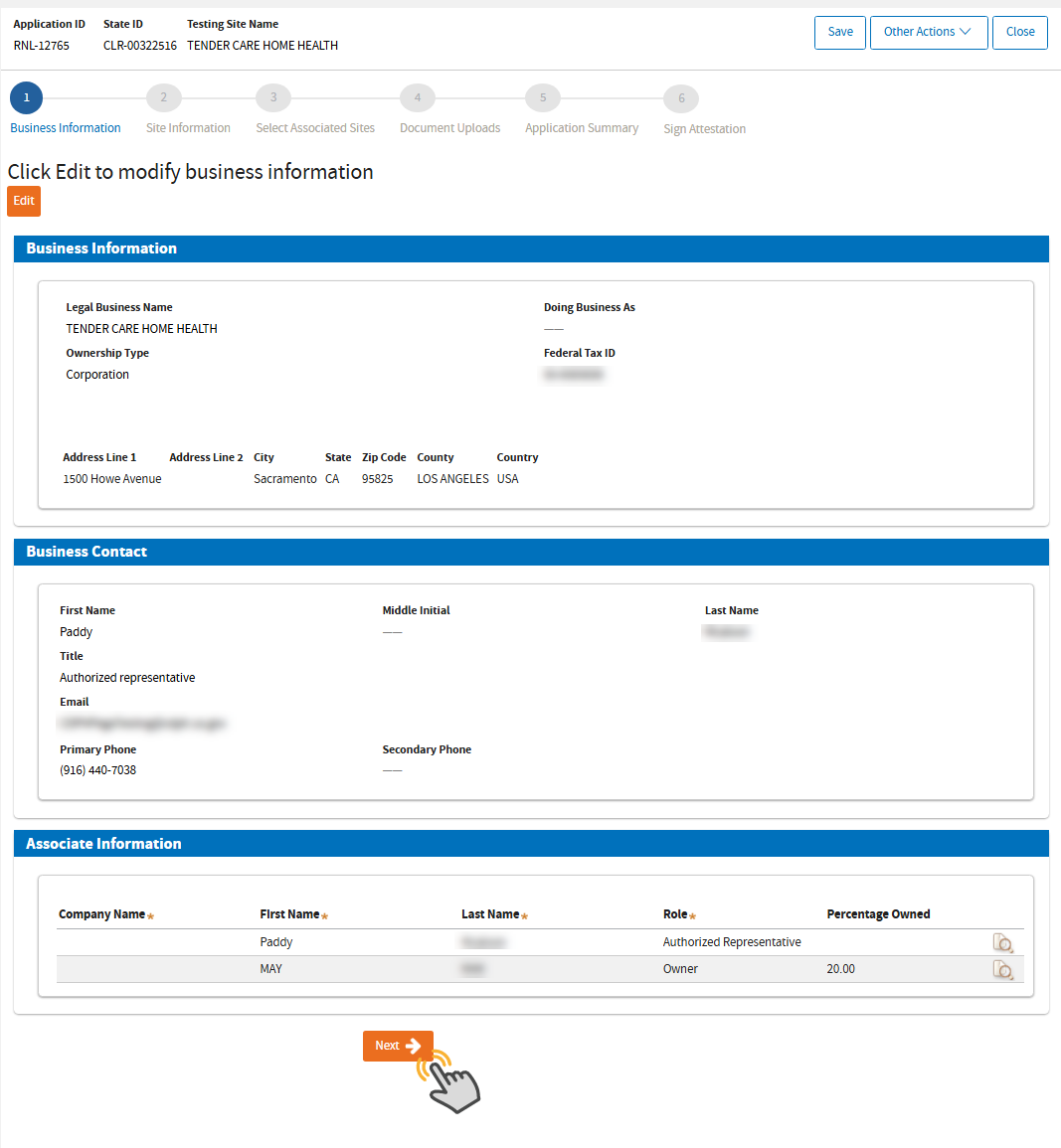 First screen showing the summary of business information where you can either click the Edit button to update or click Next. First screen showing the summary of business information where you can either click the Edit button to update or click Next.