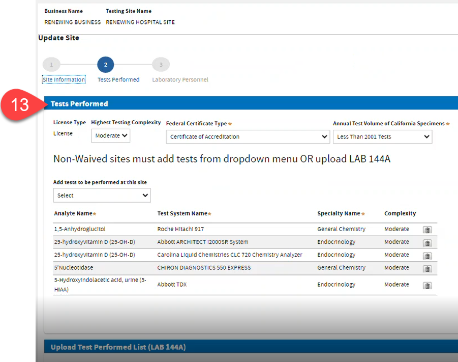 Tests Performed screen showing Analytes added