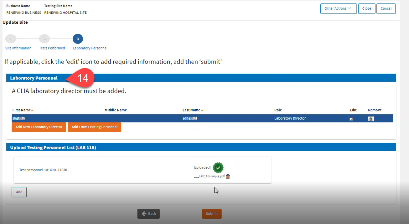 Laboratory Personnel screen showing Laboratory Director, and uploaded LAB 116 form.