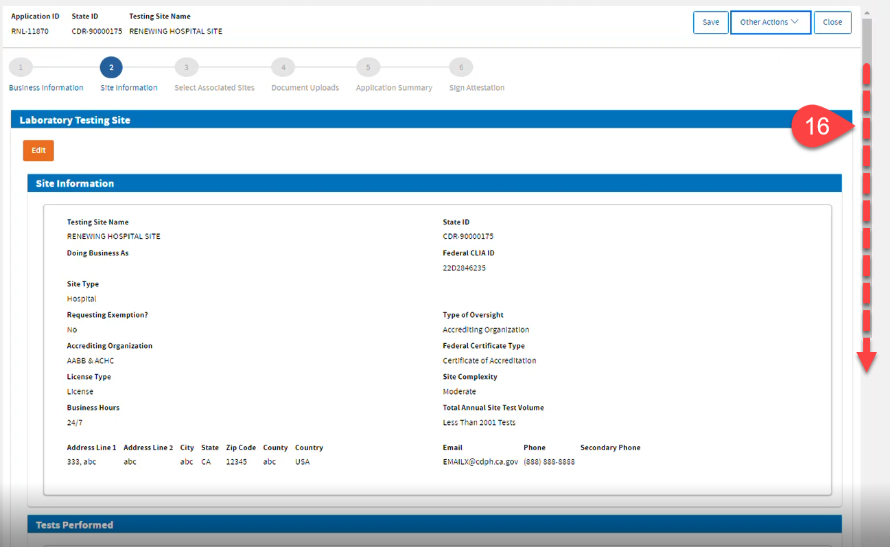Testing Site Information page showing arrow down to scroll down to click Next.