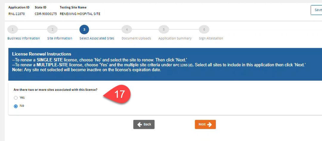 Associate Site screen showing No is selected.