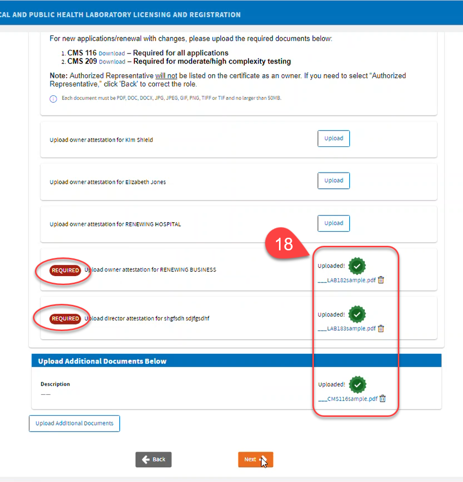 Upload documents screen showing uploaded required forms.