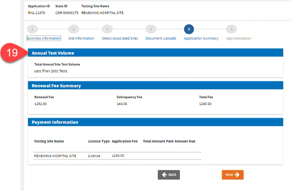 Application Summary showing Annual Test Volume, Fee, and Payment information.