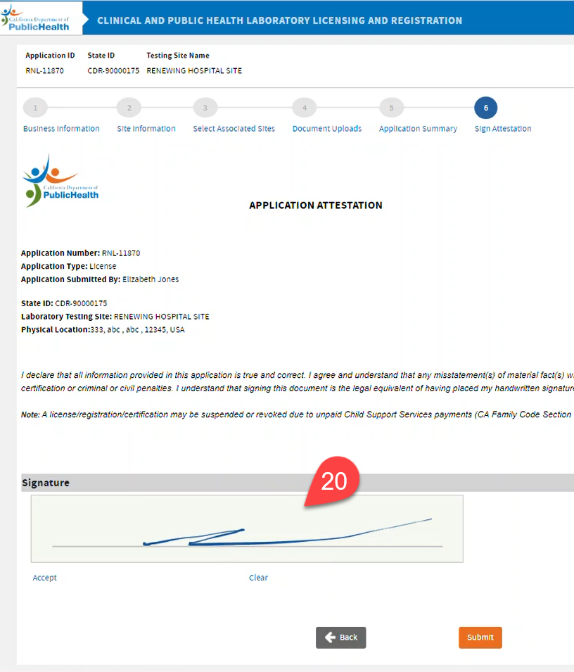 Application Attestation page to write your signature.