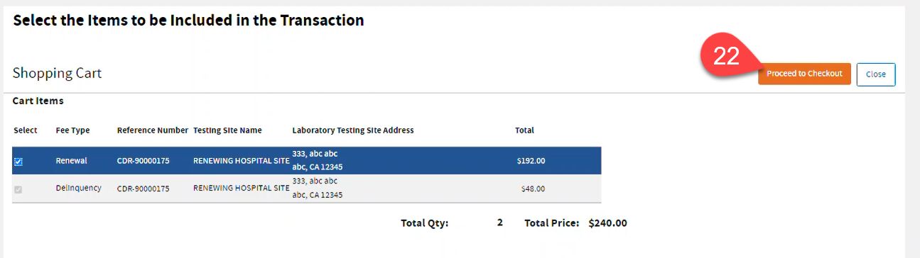 Page showing items you could select in your Shopping Cart to include in the payment.