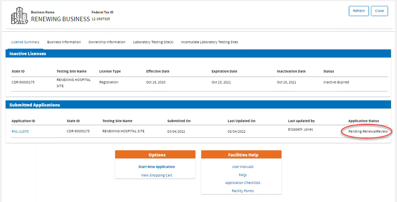 Business dashboard showing the updated status of the renewal application.