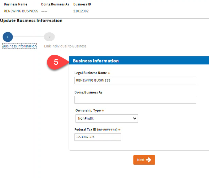 Update Business Information page showing form fields to update business information.