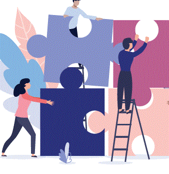 Four people working together to fit life-size puzzle pieces together Four people working together to fit life-size puzzle pieces together