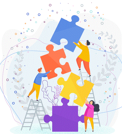 Three people connect pieces of a large puzzle together which is going up vertically. Three people connect pieces of a large puzzle together which is going up vertically.