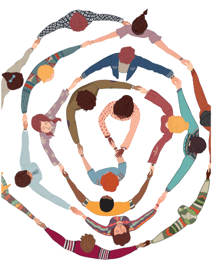Group of people hold hands in concentric circles. Some look up towards the sky, and others look forward.