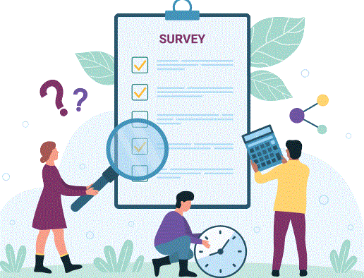 A clipboard with a survey attached, along with three people standing infront. A clipboard with a survey attached, along with three people standing infront.