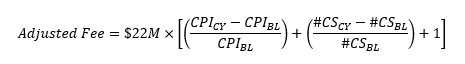 Adjusted Fee=$22M×[((〖CPI〗_CY-〖CPI〗_BL)/〖CPI〗_BL )+((〖#CS〗_CY-〖#CS〗_BL)/〖#CS_BL)+1]