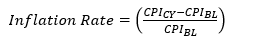 Inflation rate equals CPI CPY minus CPI BL divided by CPI BL Inflation Rate=((〖CPI〗_CY-〖CPI〗_BL)/〖CPI〗_BL )