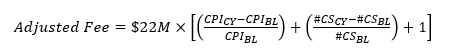 Adjusted Fee=$22M×[((〖CPI〗_CY-〖CPI〗_BL)/〖CPI〗_BL )+((〖#CS〗_CY-〖#CS〗_BL)/〖#CS〗_BL )+1]