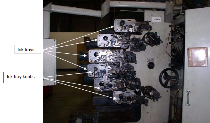 A large metal section of a printing machine shows metal trays jutting out at angles with knobs that can be adjusted by hand on the sides.
